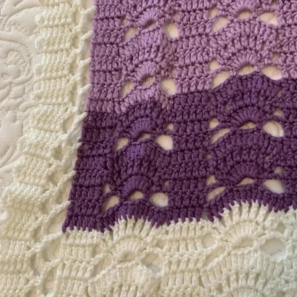 Afghan Crochet Blanket Size 54”x38” Ivory Blue Purple Lacy Edge Hand Crafted New